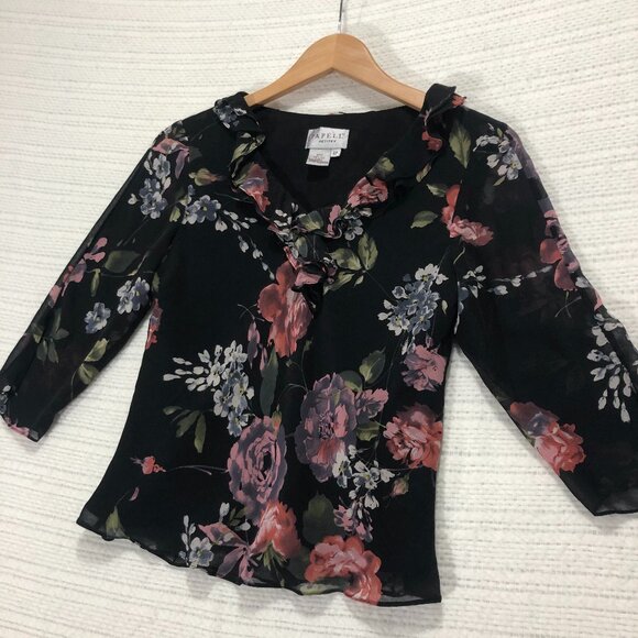 Papell Petites‎ Women's Size 6P Silk Floral Blouse with Ruffles - Picture 1 of 4